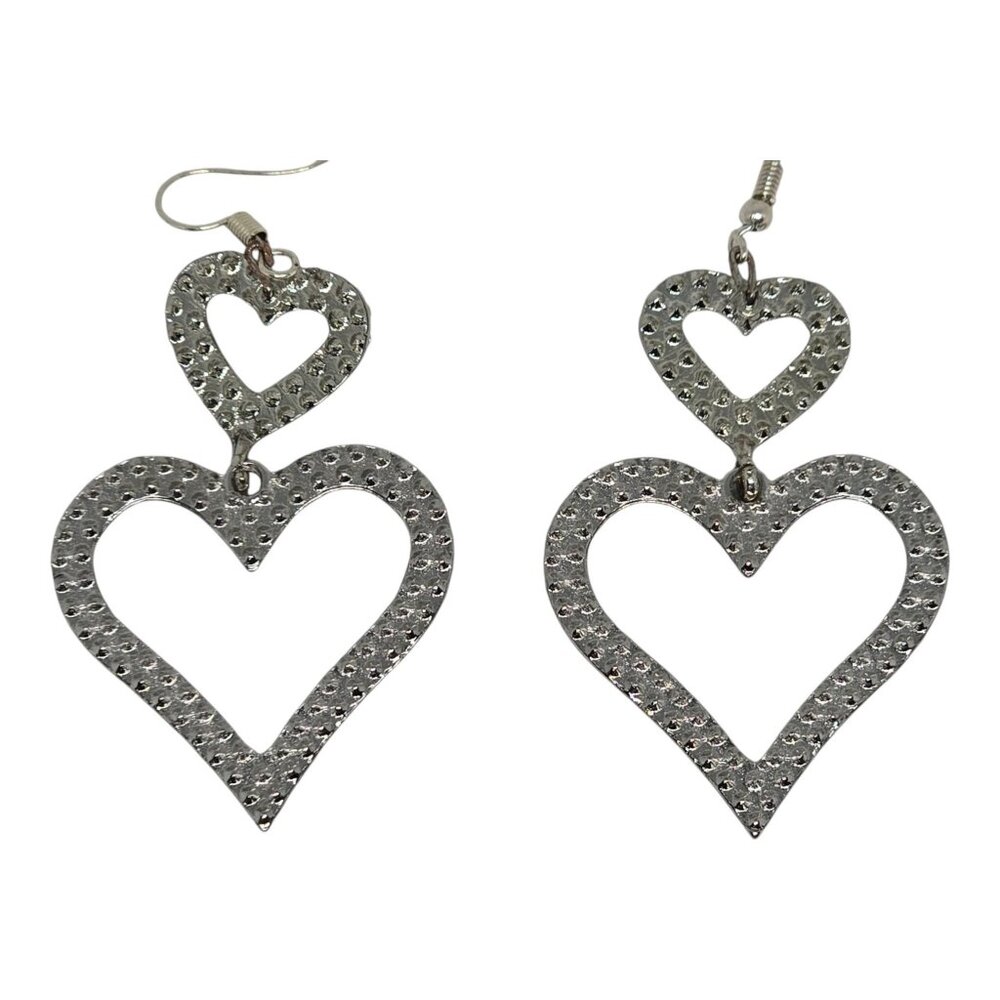 Sparkling Crystal Double Heart Drop Earrings Vintage Style Silver-Tone Openwork - Picture 4 of 6